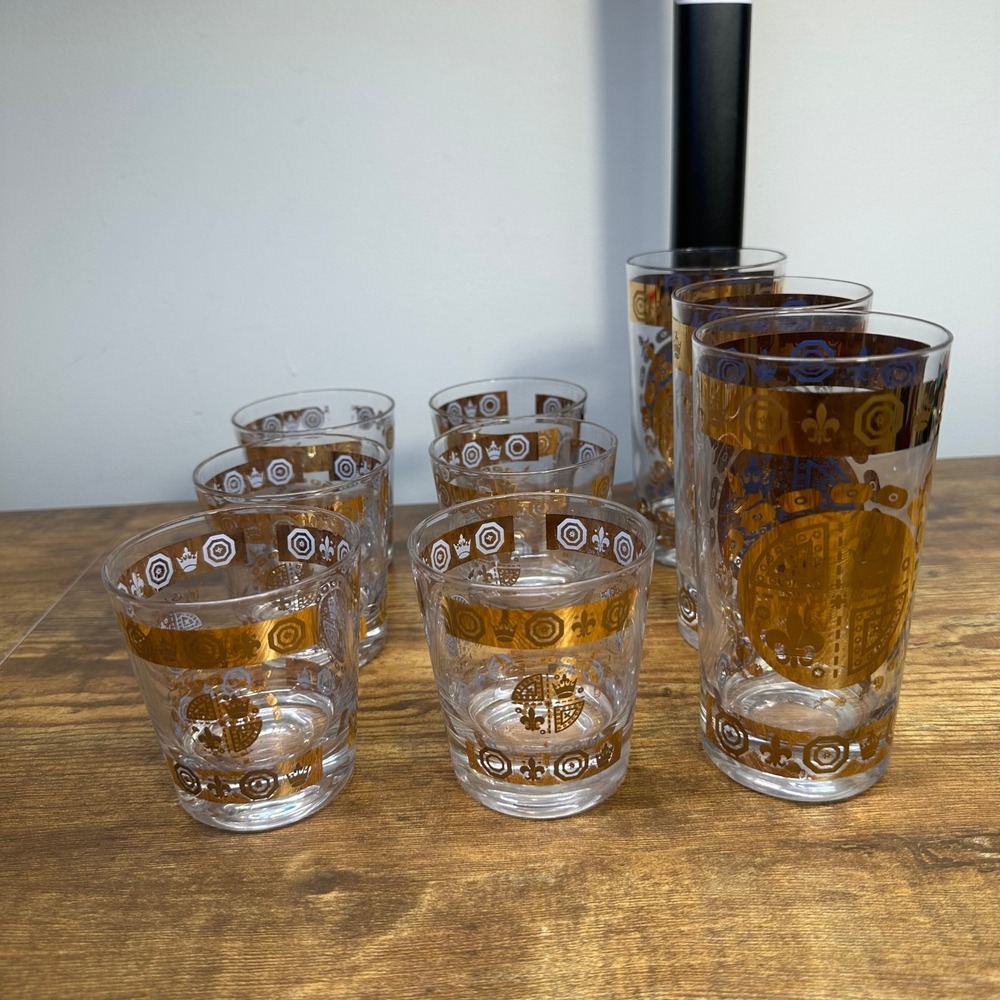 Vintage MCM Gold Heraldic Glassware Set 9pc Highball Lowball Fleur De Lis Crown